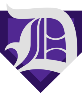 Duluth Wildcats Blackletter D logo placed within the shape of home plate.