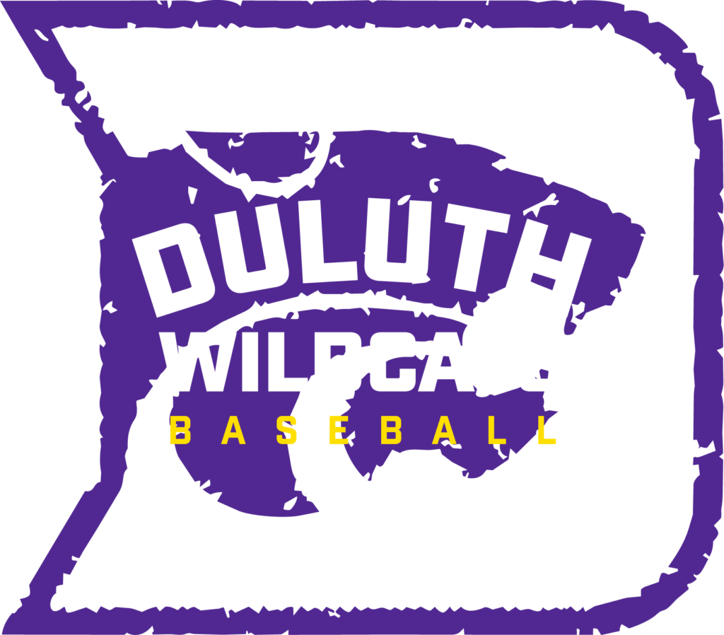 Duluth Wildcats Baseball est. 1958 lockup with logo in background.